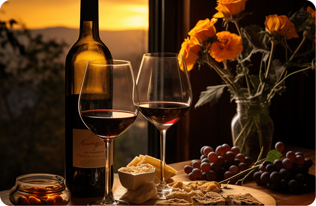 Taças de vinho com garrafa, flores e uvas